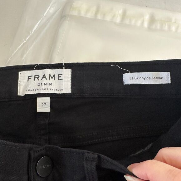 Frame Jet Black Denim Le Skinny de Jeanne Distressed Jean Mid-Rise Raw Hem 27 - Picture 8 of 15